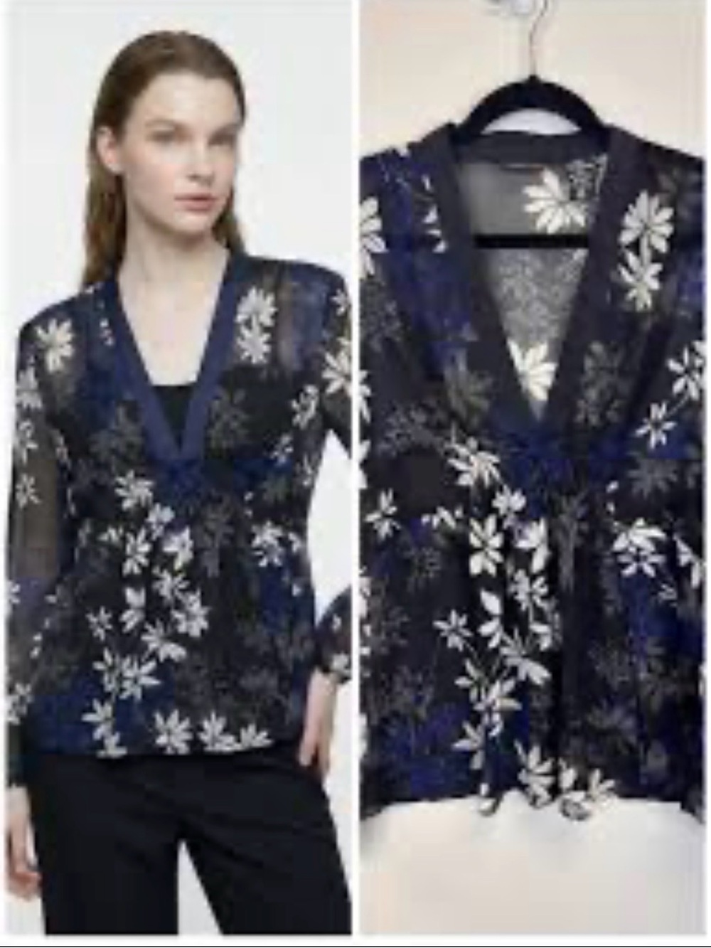 New York & Company Navy and White Floral Lace V-Neck Blouse Size XL